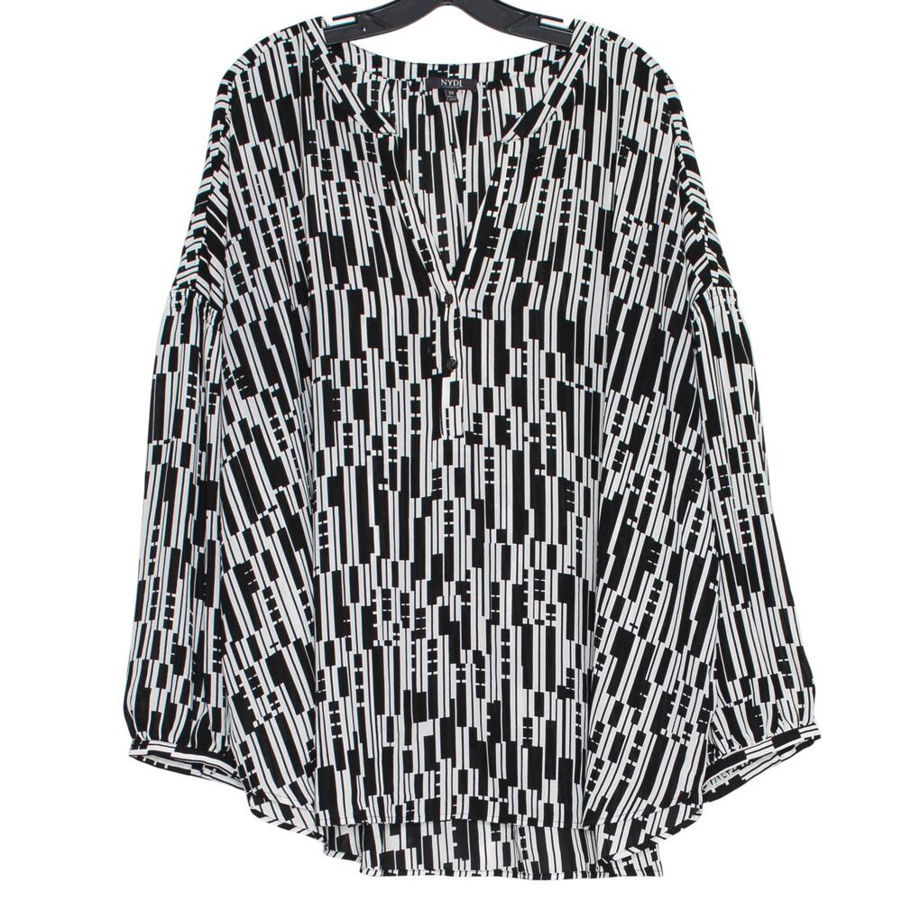 NYDJ Top Paulina Peasant Boho Abstract Flowy Resort Black White Plus Size 3X
